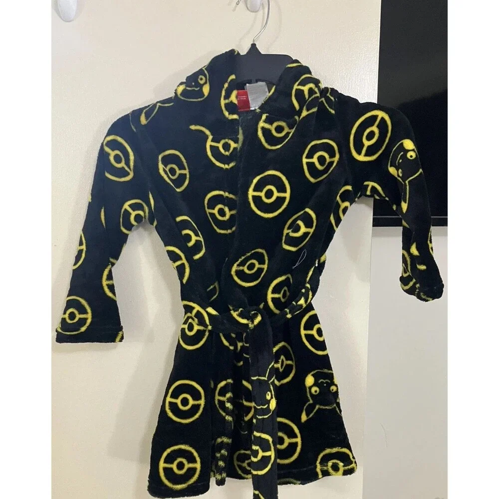 Pokémon Pikachu yellow black tie front soft Plush Kids Bathrobe Size XS (4)